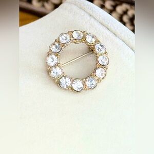 Vintage Clear Rhinestone Circle Brooch Round Openwork Pin Sparkling Jewelry